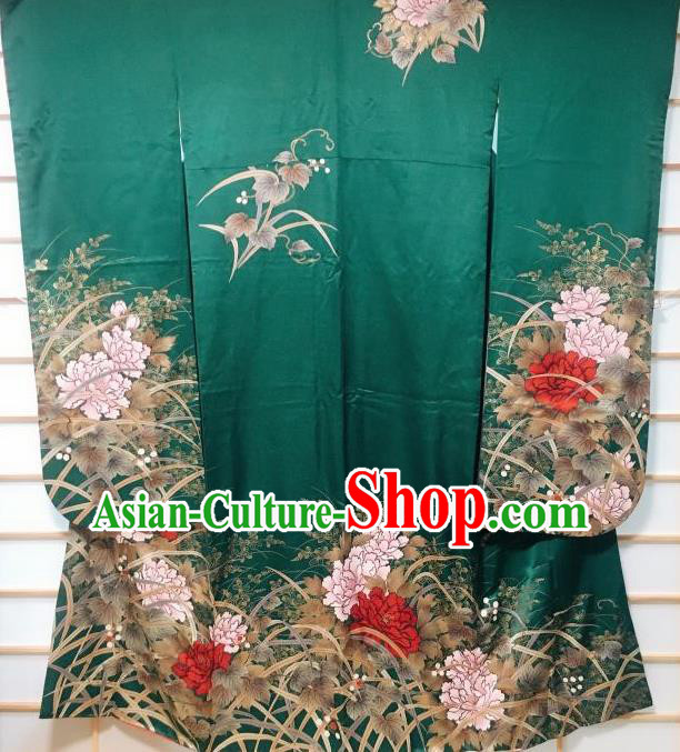 Japanese Traditional Printing Peony Green Furisode Kimono Japan Iromuji Yukata Dress Costume for Women