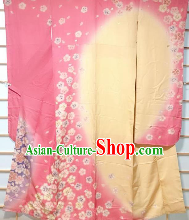Japanese Traditional Printing Cherry Pink Furisode Kimono Japan Iromuji Yukata Dress Costume for Women