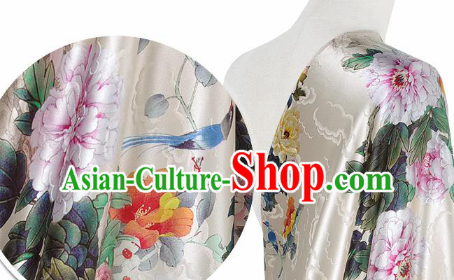 Chinese Classical Peony Pattern Design Beige Silk Fabric Asian Traditional Hanfu Mulberry Silk Material