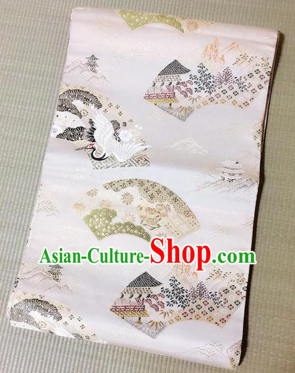 Japanese Traditional Crane Pattern White Brocade Waistband Japan Kimono Yukata Belt for Women