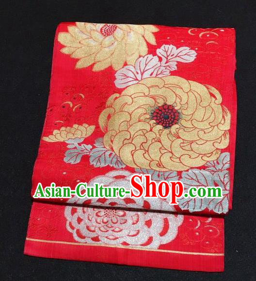 Japanese Traditional Chrysanthemum Pattern Red Waistband Japan Kimono Yukata Belt for Women