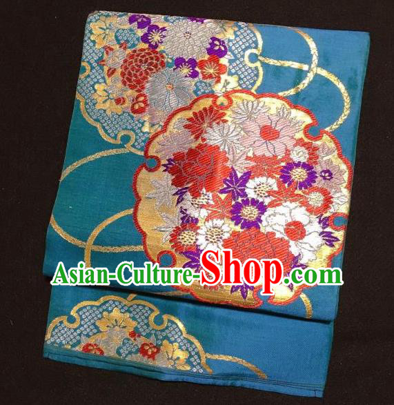 Japanese Traditional Embroidered Peony Pattern Blue Waistband Japan Kimono Yukata Belt for Women