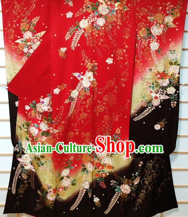 Japanese Traditional Embroidered Camellia Red Furisode Kimono Japan Yukata Dress Costume for Women