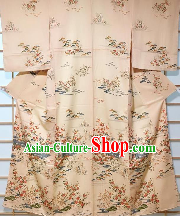 Japanese Traditional Printing Apricot Silk Furisode Kimono Japan Yukata Dress Costume for Women