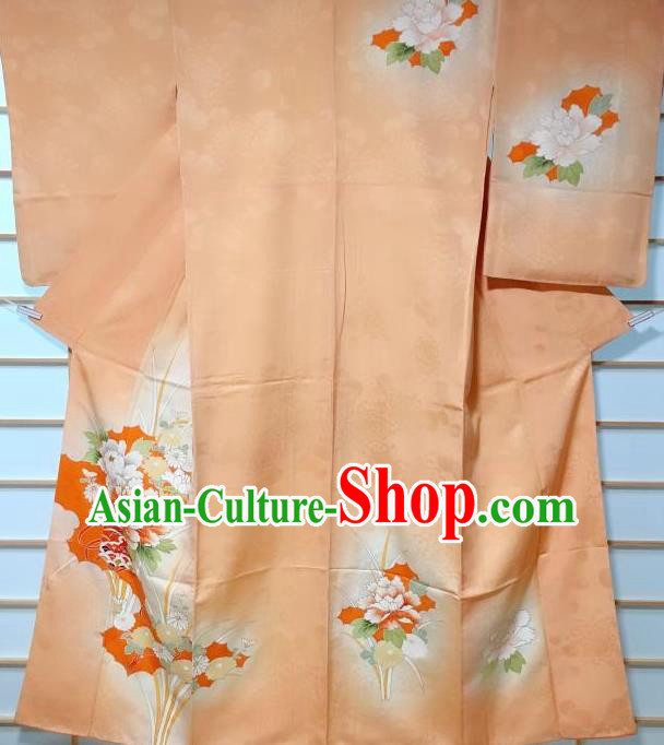 Japanese Traditional Printing Peony Orange Furisode Kimono Japan Yukata Dress Costume for Women