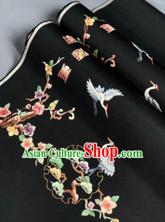 Chinese Classical Embroidered Crane Pattern Design Black Silk Fabric Asian Traditional Hanfu Brocade Material