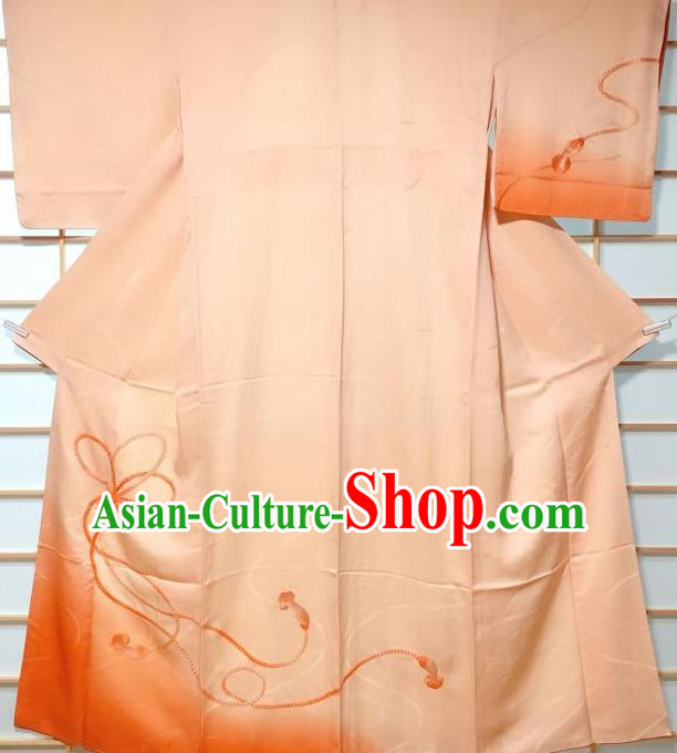 Japanese Traditional Embroidered Light Orange Furisode Kimono Japan Yukata Dress Costume for Women