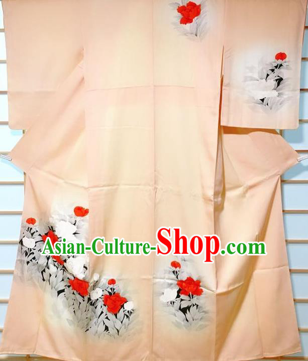 Traditional Japanese Printing Peony Orange Furisode Kimono Japan Yukata Dress Costume for Women