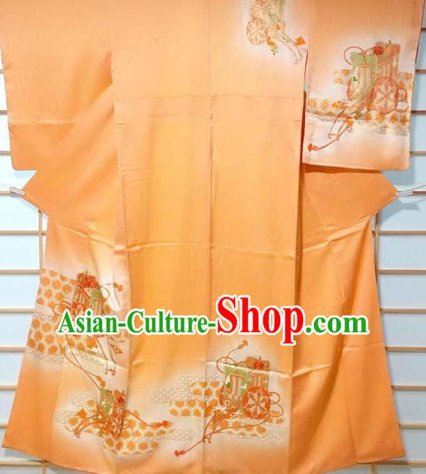 Traditional Japanese Printing Wheel Orange Furisode Kimono Japan Yukata Dress Costume for Women