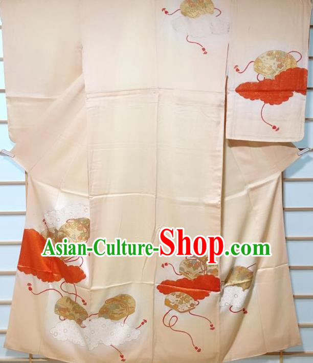 Traditional Japanese Printing Light Orange Furisode Kimono Japan Yukata Dress Costume for Women