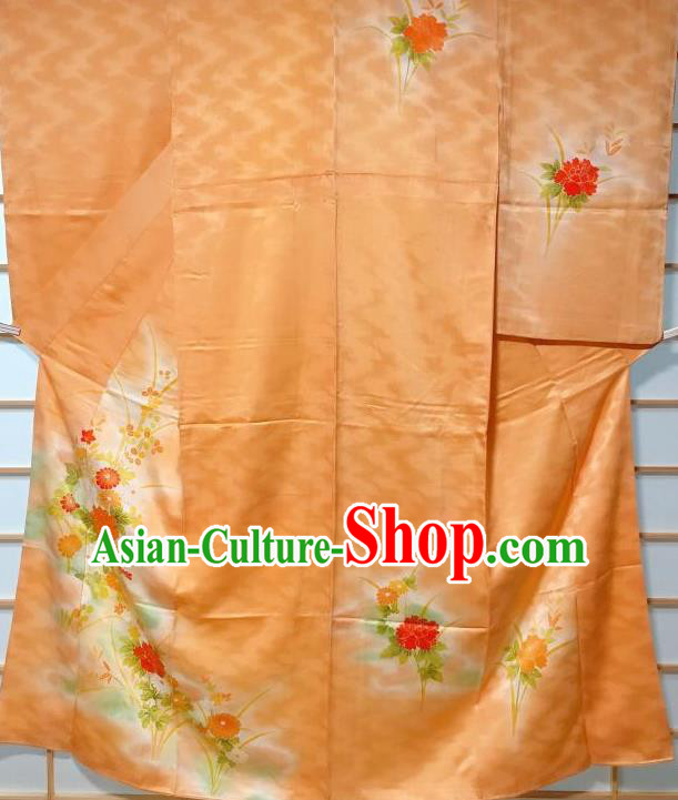 Traditional Japanese Printing Chrysanthemum Peony Orange Furisode Kimono Japan Yukata Dress Costume for Women