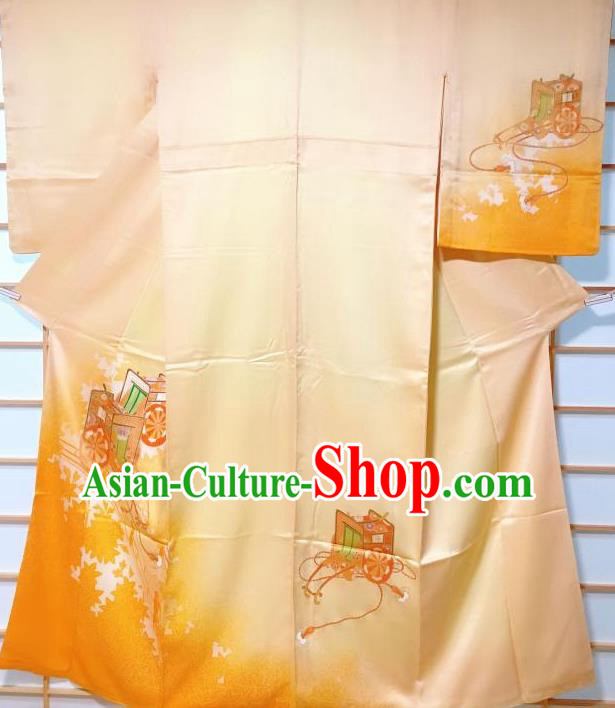 Traditional Japanese Printing Maple Leaf Yellow Furisode Kimono Japan Yukata Dress Costume for Women