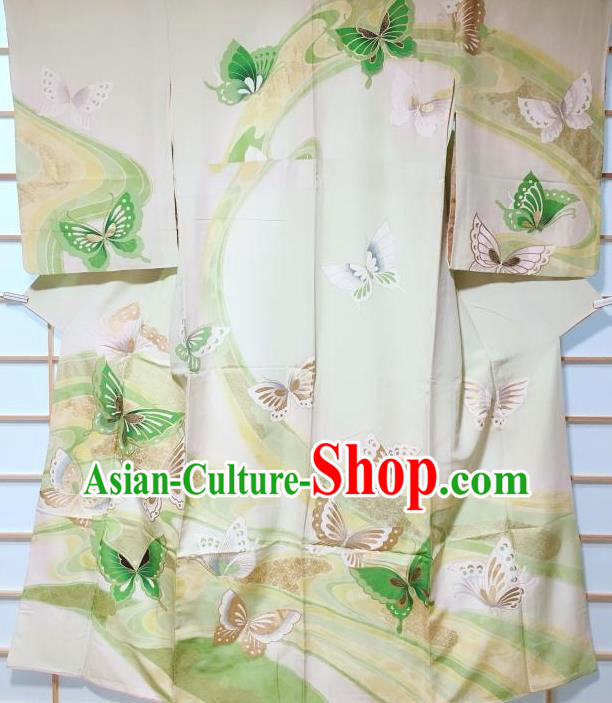 Traditional Japanese Printing Butterfly Light Green Furisode Kimono Japan Yukata Dress Costume for Women