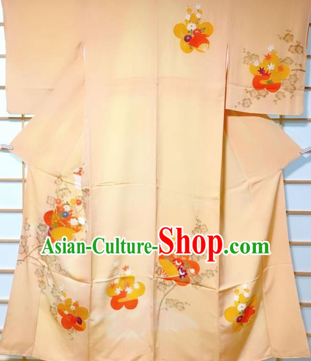 Traditional Japanese Printing Plum Fan Orange Furisode Kimono Japan Yukata Dress Costume for Women