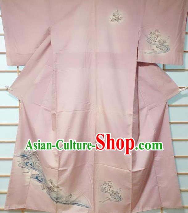 Traditional Japanese Printing Flowers Lilac Furisode Kimono Japan Yukata Dress Costume for Women