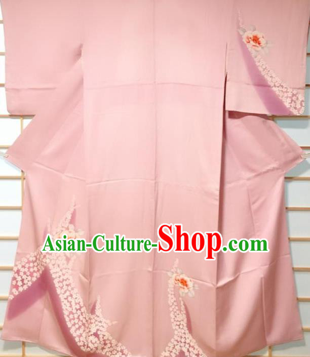 Traditional Japanese Printing Camellia Pink Furisode Kimono Japan Yukata Dress Costume for Women