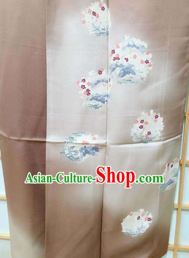 Traditional Japanese Printing Plum Blossom Brown Furisode Kimono Japan Yukata Dress Costume for Women