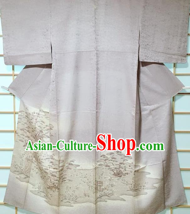 Traditional Japanese Printing Pine Grey Furisode Kimono Japan Yukata Dress Costume for Women