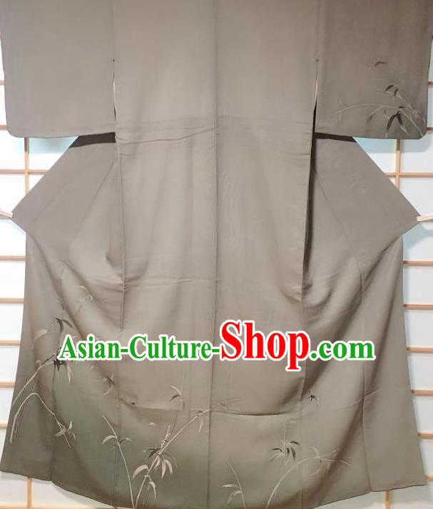 Traditional Japanese Printing Bamboo Grey Furisode Kimono Japan Yukata Dress Costume for Women