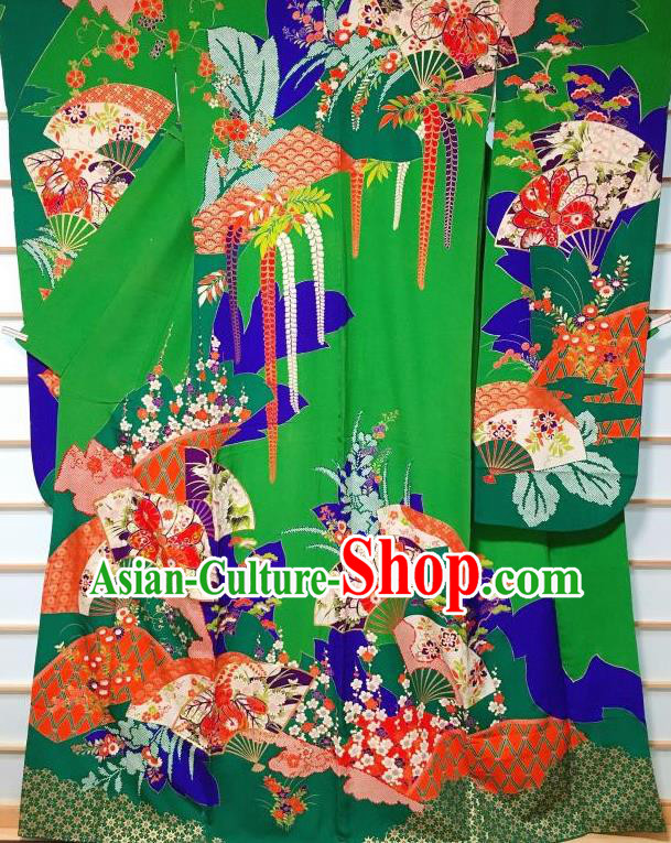 Traditional Japanese Embroidered Plum Iromuji Green Furisode Kimono Japan Yukata Dress Costume for Women