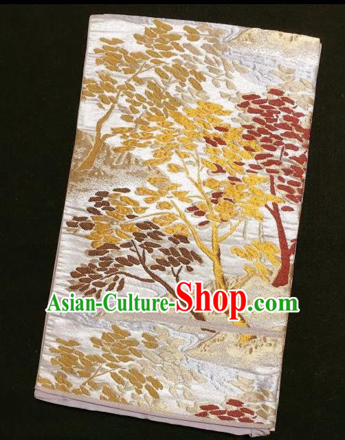 Japanese Traditional Embroidered Tree White Brocade Waistband Japan Kimono Yukata Belt for Women