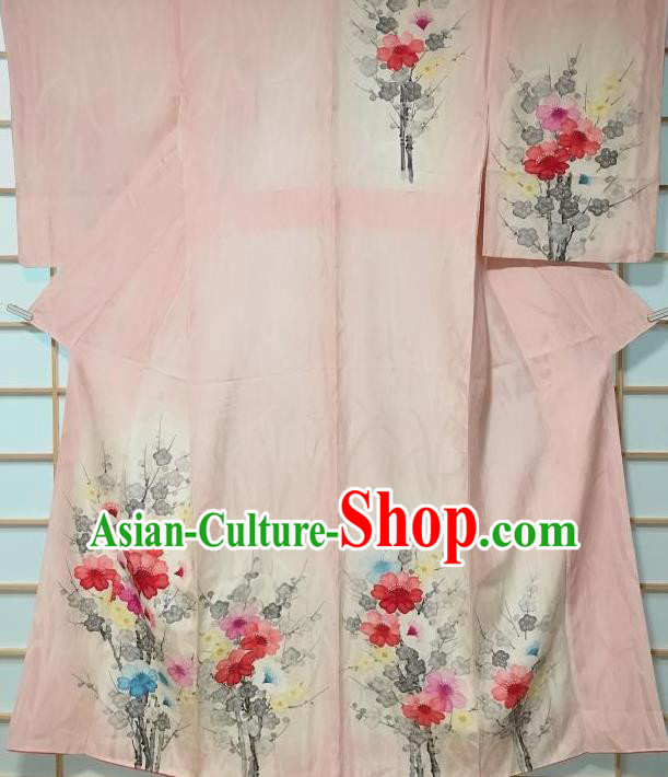 Traditional Japanese Classical Camellia Pattern Pink Kimono Japan Yukata Dress Costume for Women