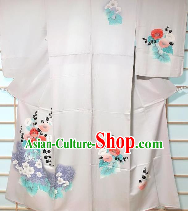 Traditional Japanese Classical Camellia Pattern Grey Kimono Japan Yukata Dress Costume for Women