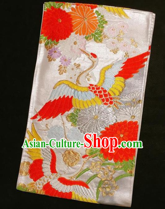 Japanese Traditional Embroidered Crane Chrysanthemum White Brocade Waistband Japan Kimono Yukata Belt for Women