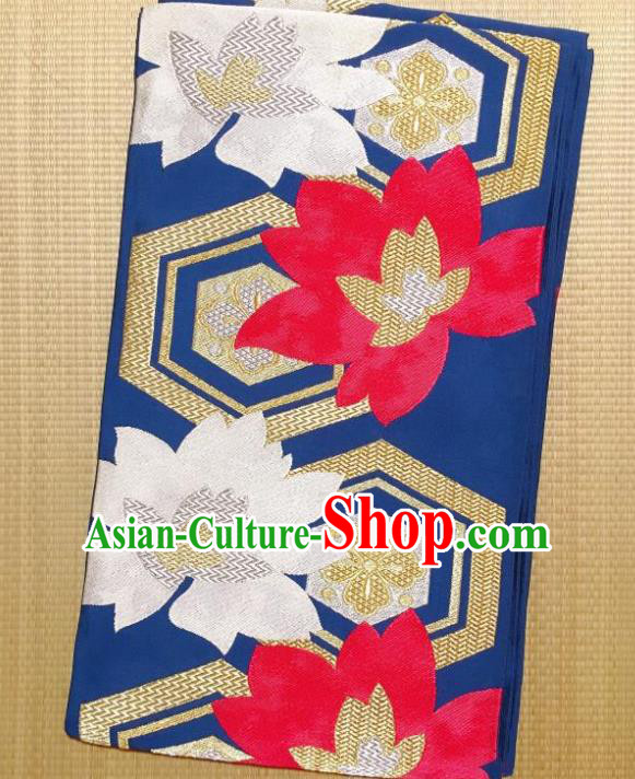 Japanese Traditional Embroidered Flowers Blue Brocade Waistband Japan Kimono Yukata Belt for Women