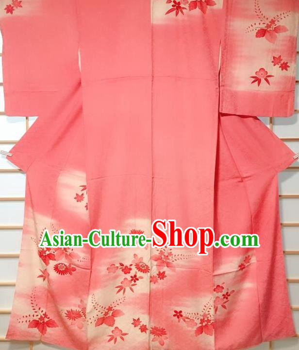 Traditional Japanese Printing Maple Leaf Pink Furisode Kimono Japan Yukata Dress Costume for Women