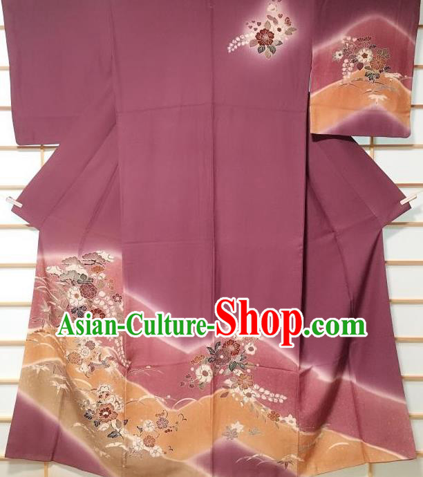 Traditional Japanese Printing Flowers Bird Purple Furisode Kimono Japan Yukata Dress Costume for Women