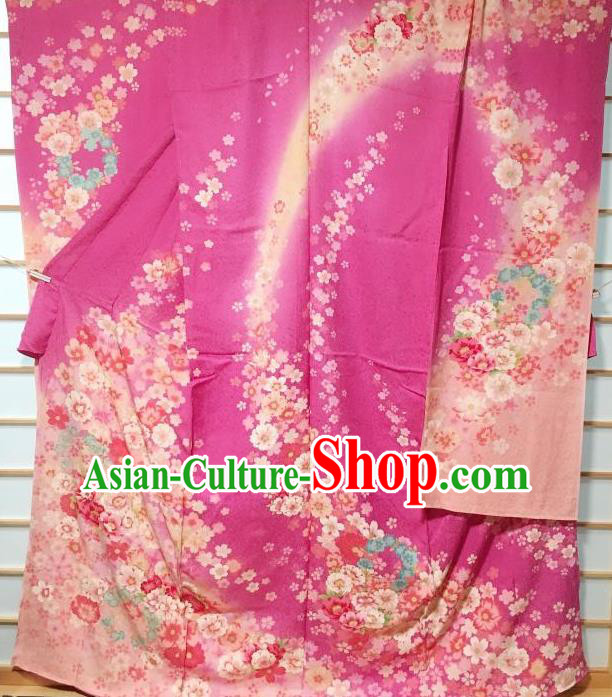 Traditional Japanese Classical Peony Pattern Rosy Furisode Kimono Japan Yukata Dress Costume for Women