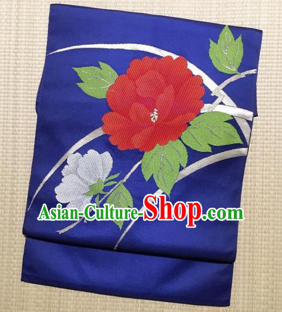 Japanese Traditional Embroidered Peony Blue Brocade Waistband Japan Kimono Yukata Belt for Women
