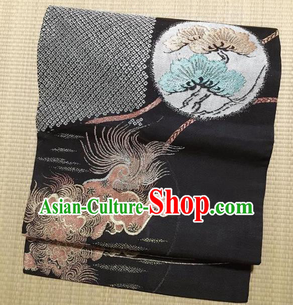 Japanese Traditional Embroidered Lion Black Brocade Waistband Japan Kimono Yukata Belt for Women