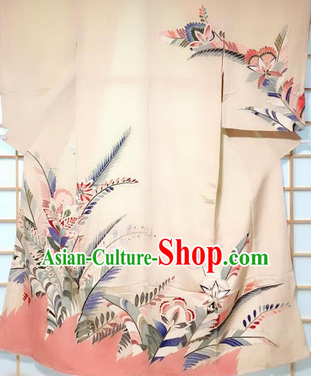 Japanese Traditional Printing Flowers Pattern Beige Tsukesage Kimono Japan Yukata Dress Costume for Women