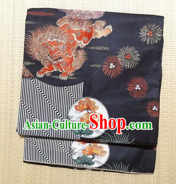 Japanese Traditional Embroidered Pine Lion Black Brocade Waistband Japan Kimono Yukata Belt for Women