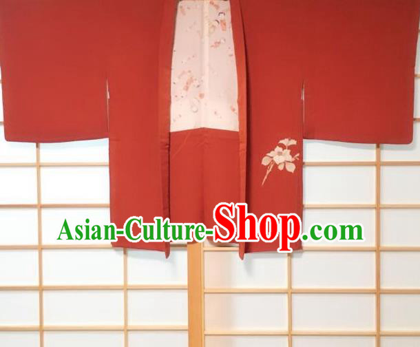 Japanese Traditional Embroidered Flower Pattern Red Haori Jacket Japan Kimono Overcoat Costume for Men