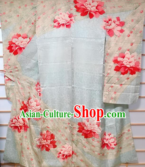 Traditional Japanese Geisha Peony Pattern Light Blue Furisode Kimono Japan Yukata Dress Costume for Women