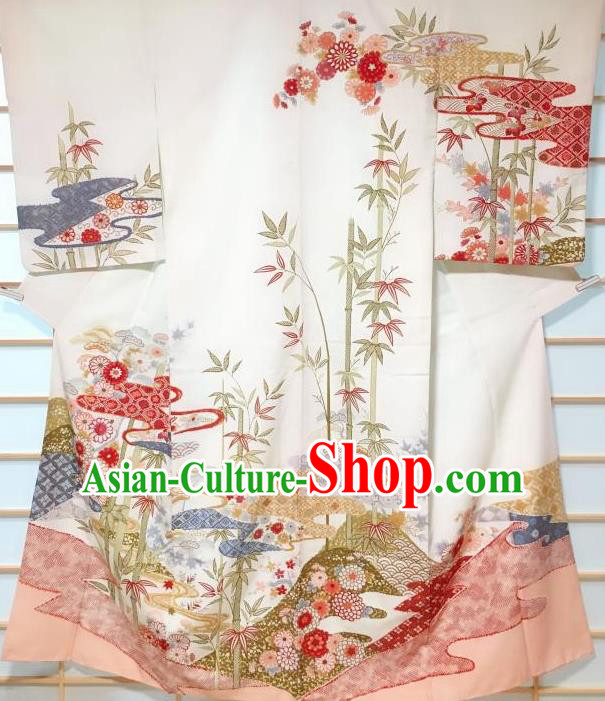 Japanese Traditional Chrysanthemum Bamboo Pattern Beige Tsukesage Kimono Japan Yukata Dress Costume for Women