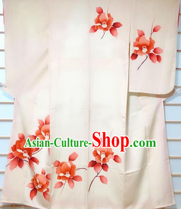 Japanese Traditional Painting Camellia Pattern Beige Tsukesage Kimono Japan Yukata Dress Costume for Women