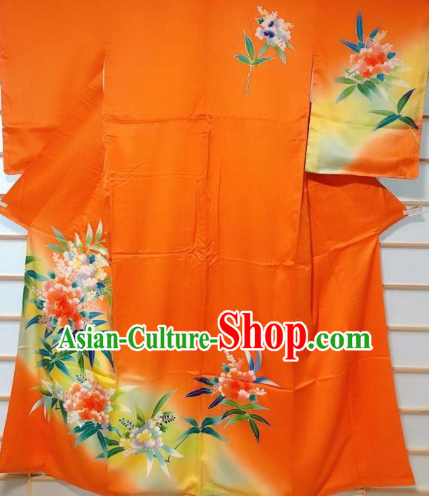 Japanese Traditional Printing Peony Pattern Orange Tsukesage Kimono Japan Yukata Dress Costume for Women