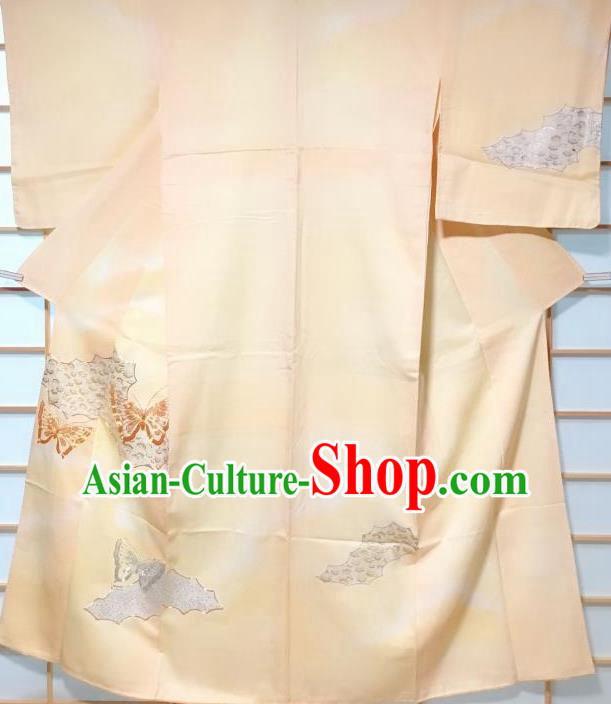 Japanese Traditional Embroidered Butterfly Pattern Light Yellow Tsukesage Kimono Japan Yukata Dress Costume for Women