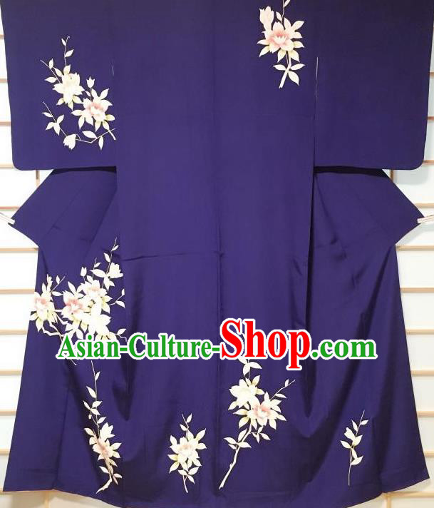 Japanese Traditional Flowers Pattern Deep Blue Silk Tsukesage Kimono Japan Yukata Dress Costume for Women