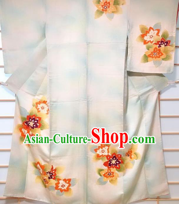 Japanese Traditional Flowers Pattern Light Blue Silk Tsukesage Kimono Japan Yukata Dress Costume for Women