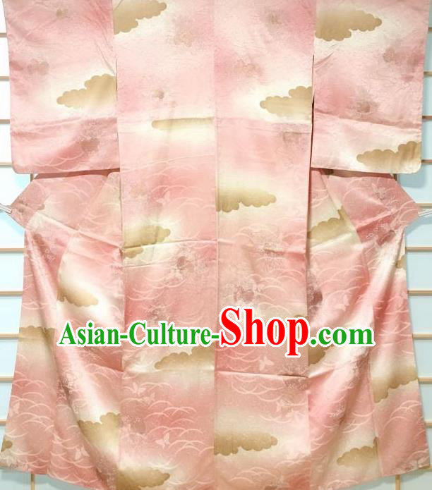 Japanese Classical Butterfly Pattern Pink Silk Kimono Japan Traditional Yukata Dress Costume for Women