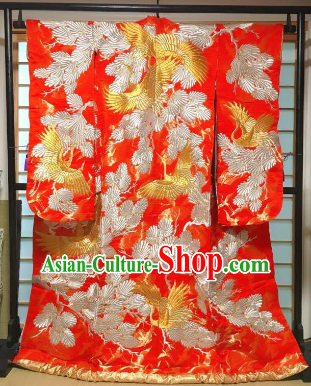 Traditional Japanese Geisha Pine Crane Pattern Red Furisode Kimono Japan Yukata Long Over Dress Costume for Women