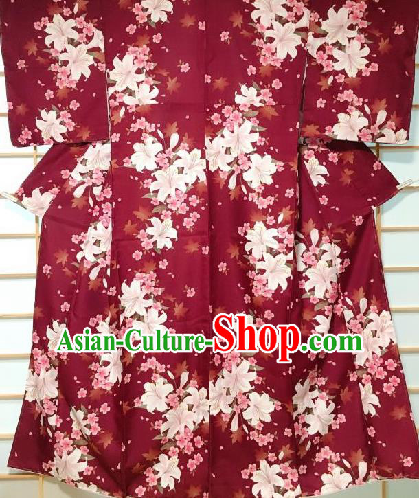 Traditional Japanese Geisha Printing Lily Flowers Amaranth Furisode Kimono Japan Yukata Dress Costume for Women