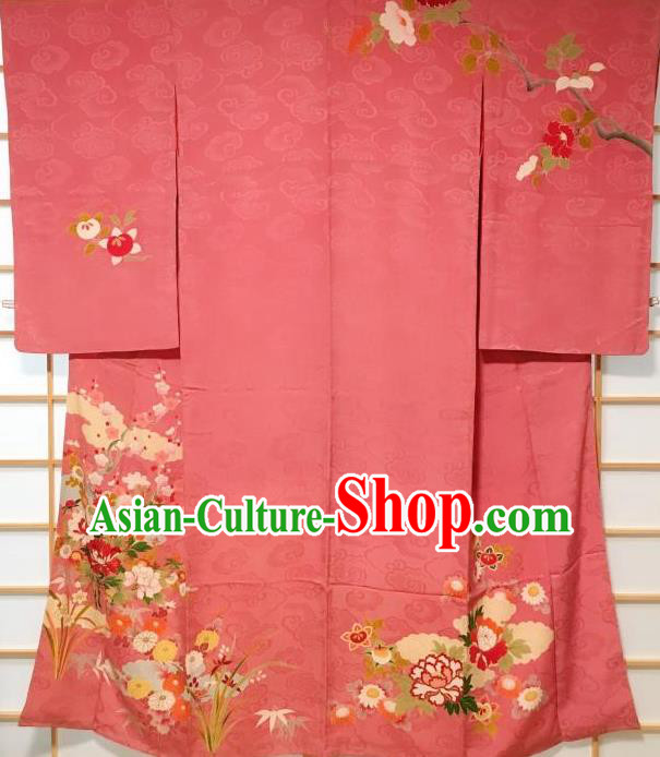 Japanese Classical Plum Peony Pattern Pink Tsukesage Kimono Japan Traditional Yukata Dress Costume for Women