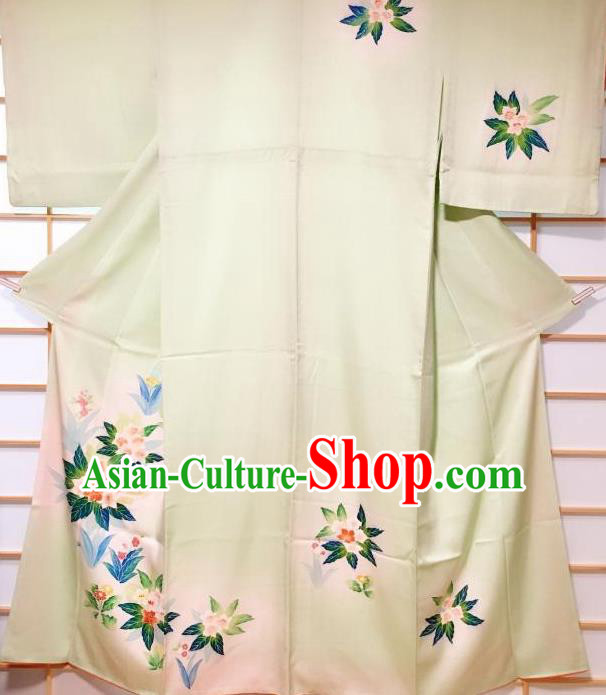 Japanese Classical Printing Flowers Light Green Silk Tsukesage Kimono Japan Traditional Yukata Dress Costume for Women