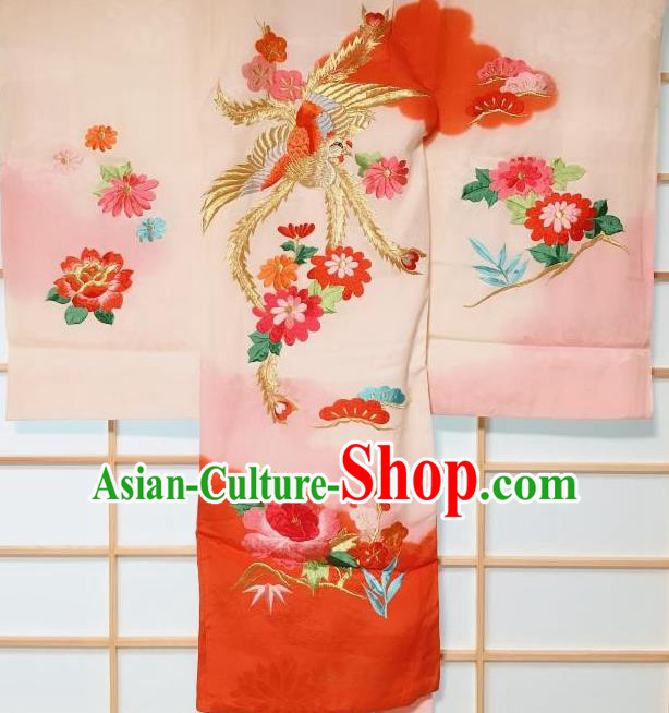 Traditional Japanese Geisha Embroidered Phoenix Chrysanthemum Pink Furisode Kimono Japan Yukata Dress Costume for Women